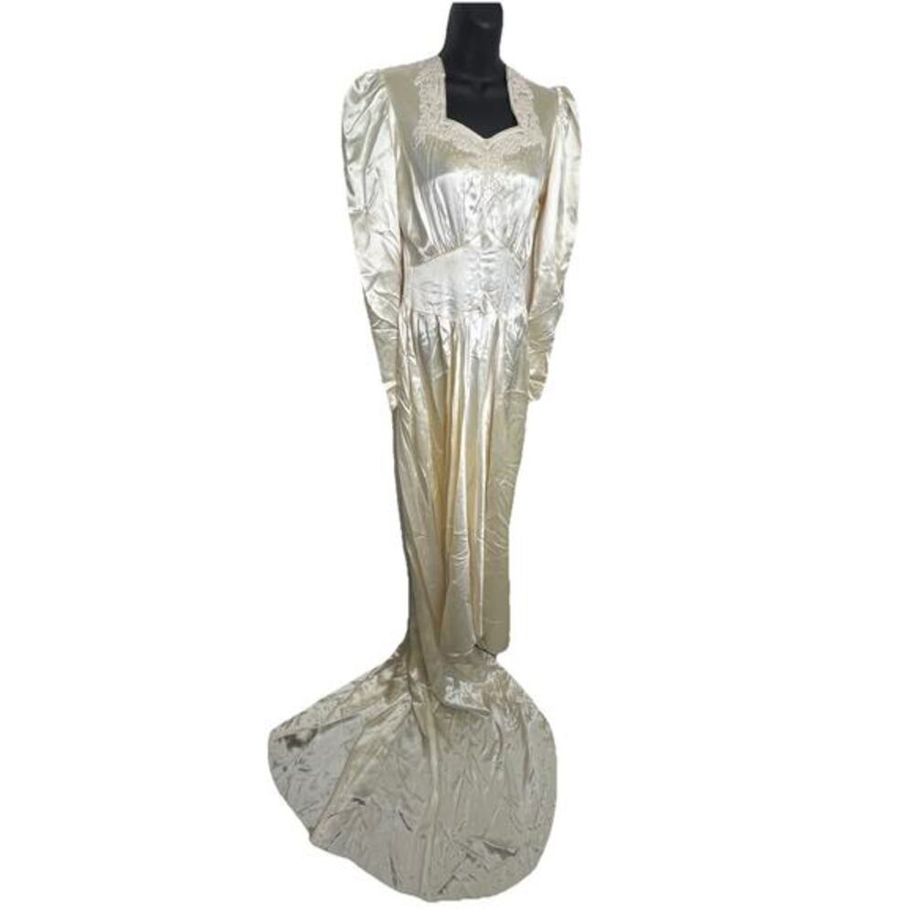 Vintage 40s Ivory Liquid Satin Wedding Dress Train Beaded Bodice Size Small